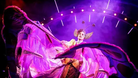 Pamela Raith Seiriol Davies is on stage dressed in an elaborate and structured purple dress. They have been photographed from below. They are wearing a headdress with two wings shaped like butterfly wings at the side of their head and two antenna on top. They look serious. There is an arch of lights behind them and smoke lit by a purplish light.