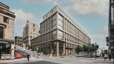 Vita Group An artist's rendition of the new development, showing the nine story building as people walk by, and the Mackintosh building visible behind it