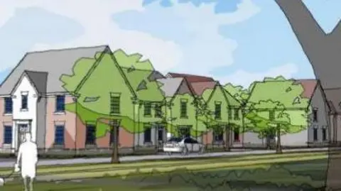 An artist's impression of new homes which include detached and semi detached houses seen from across the road. There are trees visible and the image is completed in a watercolour style with white clouds in a blue sky