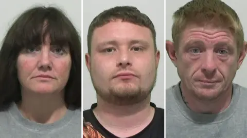 Northumbria Police A three way composite of their mugshots. Ms Hodgson has long dark hair, Mr Kellett has short dark hair and Mr Smith 