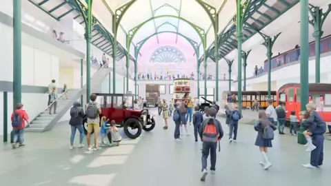 London Transport Museum CGI shows people inside bright light, white museum entrance with Tubes, buses and cars