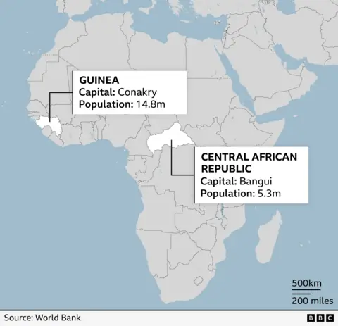 Map showing Guinea and Central African Republic