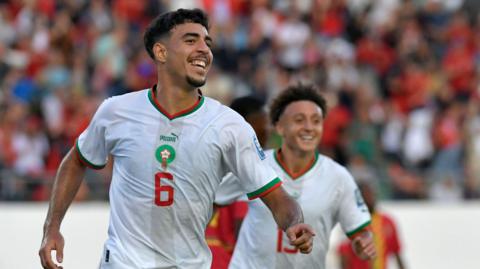 Chadi Riad celebrates a goal for Morocco against Congo-Brazzaville