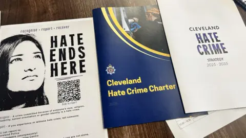 Three A4 leaflets on a dark wooden table. The first black and white leaflet has the face of a woman with the words "hate ends here" with a QR code below. The next leaflet is dark blue with the words "Cleveland hate charter" in yellow. The third white leaflet has the words "Cleveland Hate Crime Strategy 2025-2035" on the front.
