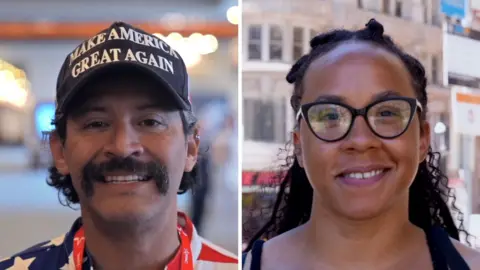 A man with a Make America Great Again hat on the left, and a woman in a black tank shirt on the right.