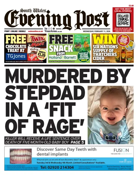 South Wales Evening Post Front page of South Wales Evening Post shows main headline "Murdered by stepdad in a 'fit of rage'" next to an image of a baby boy smiling at the camera laying on a beige cushion. 
