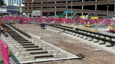 Midland Metro Alliance Tram tracks laid on a building site