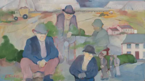 A painting showing four larger figures and three smaller ones against a background which includes white hills and trucks