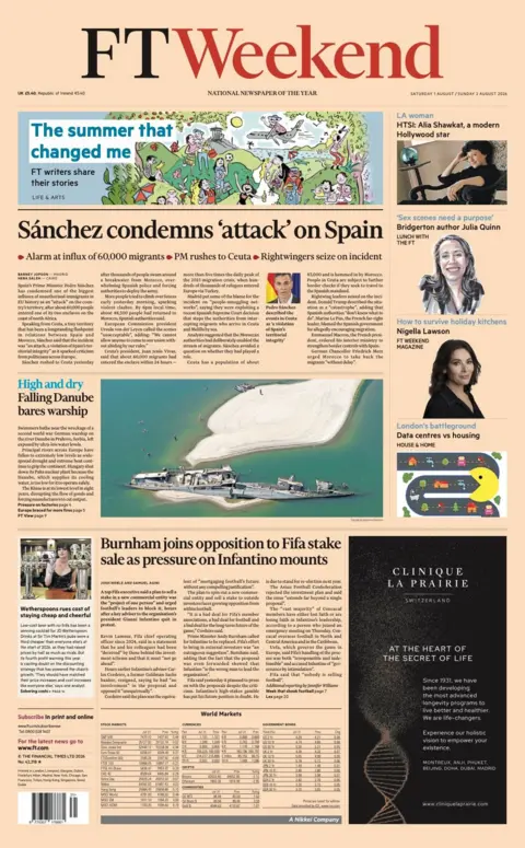 The headline on the front page of the FT Weekend reads: "Sanchez condemns 'attack' on Spain.
