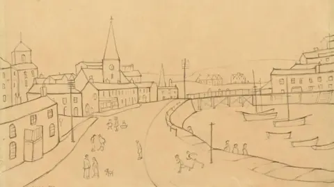 Mitchells Auctions "Maryport - The Estuary", a pencil drawing by LS Lowry. It is is sketch form, showing a street curving round a waterway with boats outlined. There are houses, churches, a bridge and distant hills in the drawing, along with telegraph poles, people and a dog.