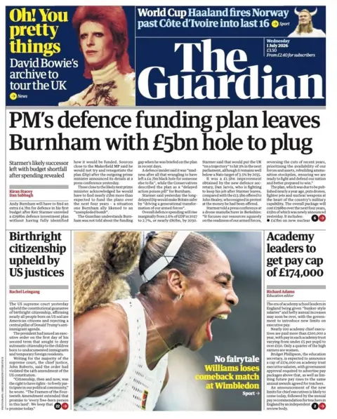 "PM's defence funding plan leaves Burnham with £5bn hole to plug" reads the headline on the front page of the Guardian.