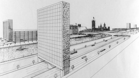 An architectural drawing of what the new riverbanks could look like, with a motorway and a tall, slim building above it.