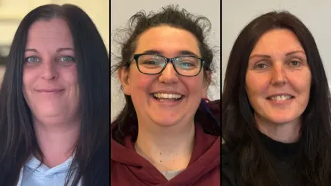 Headshots of three women all looking at the camera, who all have children who are autistic and have been absent from their education. From L to R the first mum has long dark hair and is wearing a grey hoodie. The second mum has dark hair that is tied back. She's wearing glasses and a maroon hoodie and grey T-shirt. The third woman also has long dark hair and is wearing a black top. They are all smiling. 