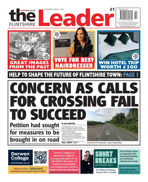 Flintshire Leader Flintshire Leader newspaper front page shows main headline next to a photo of a road in Flintshire: Concern as calls for crossing fail to succeed; Petition had sought for measures to be brought in on road. Other headline is: Help to shape the future of Flintshire Town.