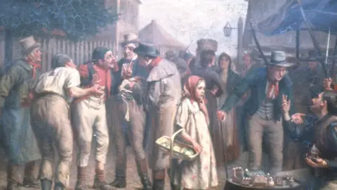 Luton Culture Trust A painting shows straw plait merchants trading with prisoners of war at Norman Cross Prison Depot. The figures are mostly wearing hats. A girl in the foreground carries a basket, while a men next to her appears to be haggling.