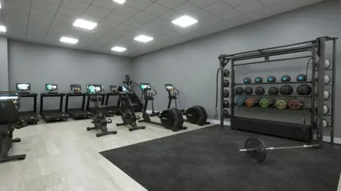 Warminster Sports Centre A computer generated image showing what the new gym looks like. It shows a corner area with treadmills and exercise bikes, and a dark grey padded area with a rack stacked with medicine balls. The walls are a light grey with white overhead lighting.