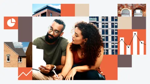 Promotional image for the housing target tracker. There is a young couple in the middle looking at some paperwork. Around them are various images of details from buildings and stylised charts. The palette is predominantly orange.
