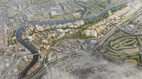 A CGI image of an aerial view of Stockton with some of the proposed changes 