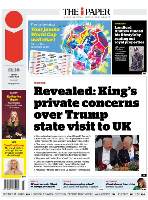 "Revealed: King's private concerns over Trump state visit to UK," reads the headline on the front page of the i Paper. 