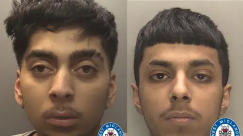West Midlands Police A side by side mugshot of two men, both have black hair, black moustaches and slits in their eyebrows. 