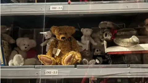 Shelf stuffed with lots of teddy bears of all different colours - mainly white and brown.
