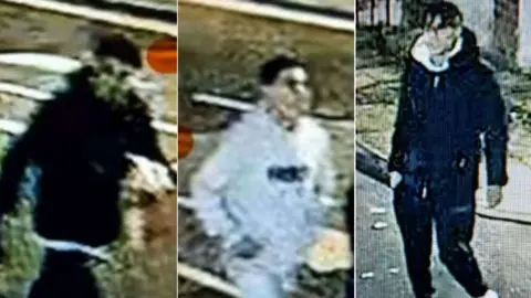 West Yorkshire Police Three grainy CCTV images show a man wearing a black coat, another wearing a grey hoody and a third dressed in black with a white collar.