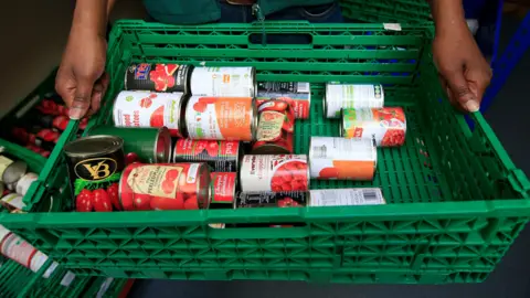 Hands holding a green plastic basket with dozens tins of tomatoes inside of it. 