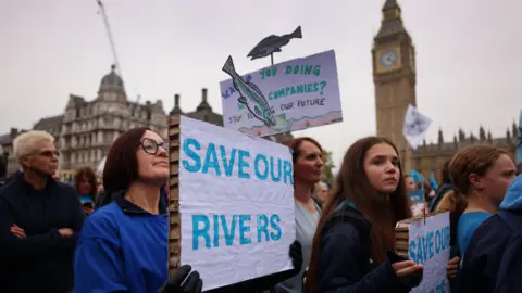 EPA-EFE/REX/Shutterstock A crowd marching past the Elizabeth Tower near the Houses of Parliament. Two women are holding signs that say in blue writing Save Our Rivers.