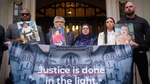 Lanre Haastrup (L), father of Isaiah Haastrup; Rashid and Aliya Abbasi (centre), the parents of Zainab Abbasi, and Dean Gregory and Claire Staniforth, parents of Indi Gregory