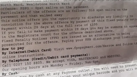A fixed penalty fine informing Shah of the alleged offence with details of how to pay