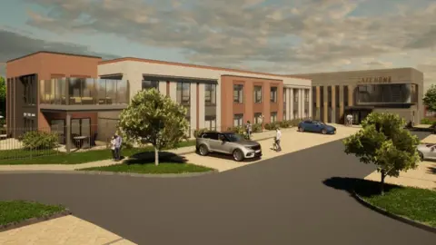 An artist's impression of the new site, which shows a two-storey building with cars outside, with people walking around.