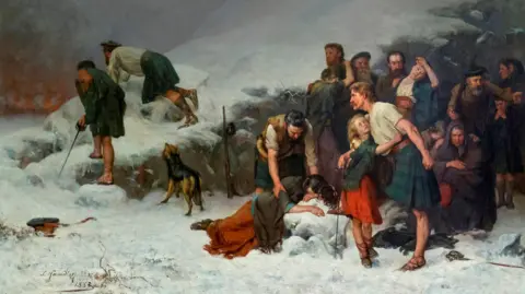 Getty Images The painting depicts members of the MacDonald clan gathered behind a rocky outcrop in snow. Some of the men are wearing kilts and carrying weapons.