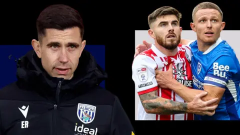 West Bromwich Albion boss Eric Ramsay, and Southampton's Ryan Manning grappling with Portsmouth's Colby Bishop