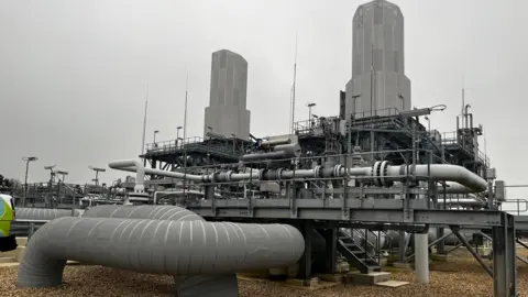 A gas plant with tall grey chimney-like structures and lots of pipes. There are steps in various places and walkways with balconies.