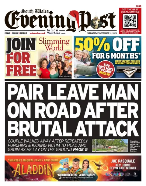 South Wales Evening Post Front page of the South Wales Evening Post with the main headline reading: Pair leave man on road after brutal attack. The sub-headline reads: Couple walked away after repeatedly punching and kicking victim to head and groin as he lay on the ground, page 5. There is an image of the toad. Above is an advert to join Slimming World for free and 50% off papers for six months. At the bottom there is an advert for Aladdin pantomime.