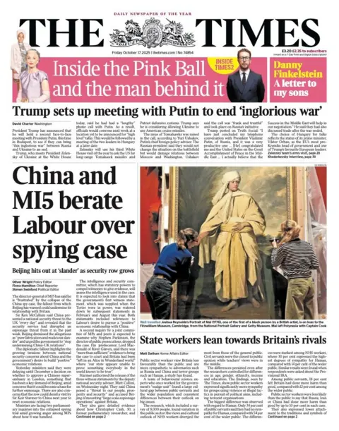 The headline on the front page of the Times reads: "China and MI5 berate Labour over spying case".
