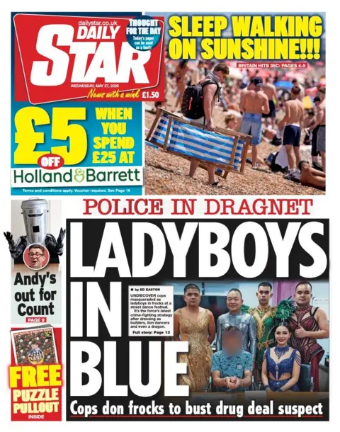 "Ladyboys in blue" reads the headline on the front page of the Daily Star.