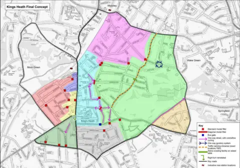 Birmingham City Council A colour coded map of Kings Heath, with red squares showing where roads would have been blocked off