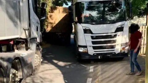 SOUTHEND_HGV, INSTAGRAM A lorry pulled to the side of a narrow road while an oncoming HGV is moving past