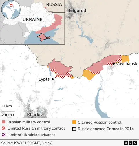 Close-up map showing advances along the border near Belgorod