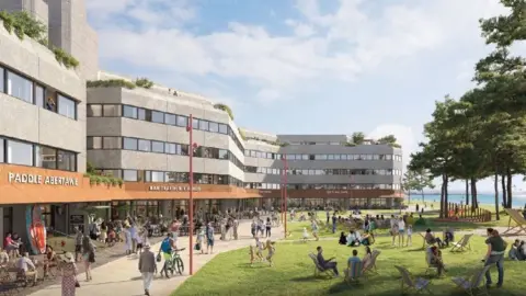 Swansea Council Artist impression of revamped Civic Centre, Swansea. There a deck chairs on the grass, as well as shops, bars and restaurants. 