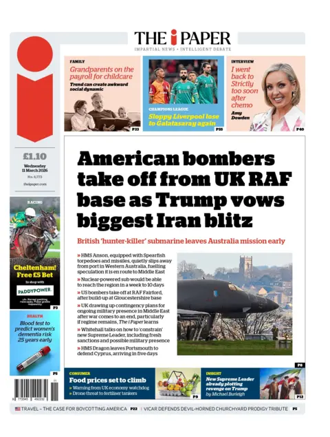 "American bombers take off from UK RAF base as Trump vows biggest Iran blitz," reads the headline on the front page of the i Paper.
