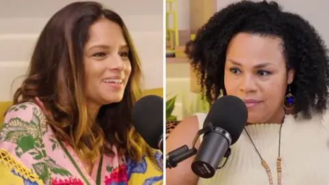Left, a woman with shoulder length hair speaks into a microphone. Right, a woman with curly black hair speaks into a microphone.