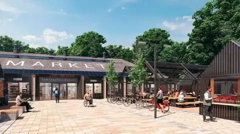 Rossendale Council An artist impression of how the market will look, showing s single storey building with the word 'market' on the roof behind a wide flagged square with a bicycle rack to the right of it, seating to the left, and right next to more buildings in brown with pointed roofs. People are milling about