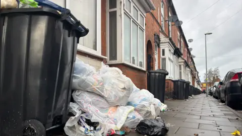 Rubbish in Charles Road in Aston is overflowing from the bin and on the pavement