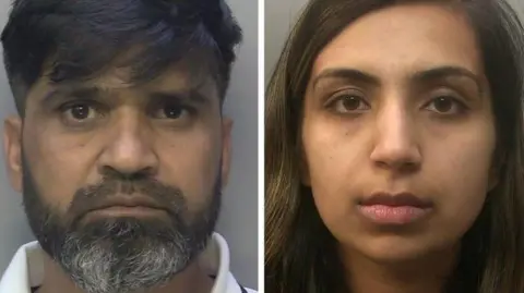 Surrey Police 
Mugshot of Urfan Sharif and Beinash Batool. Both are looking directly at the camera. 
