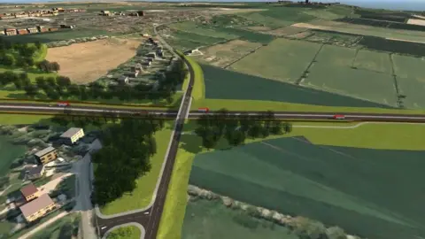 A computer-generated artist's impression of a new relief road, as if pictured from above. A dark road runs from left to right, cutting through green fields and settlements. A second road runs north to south, crossing the first on a bridge.