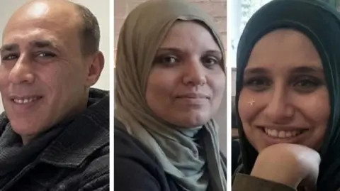 Al-Arab in UK a composition of photos of three family members - a man who is smiling, a woman looking gently at the camera, and a young teenage girl, who is smiling