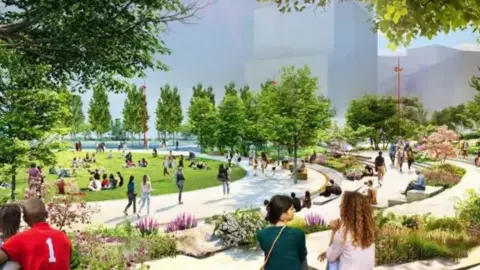 Artist impression of a park, pathways and trees in the Smithfield project in the city centre.