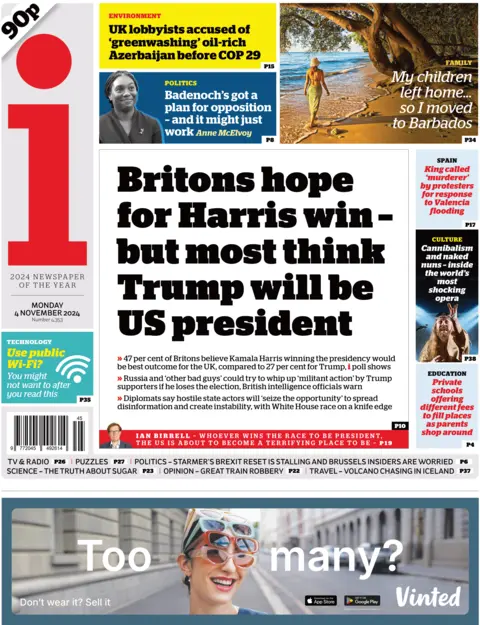 A primeira página do jornal i. Não há imagem principal. A manchete diz: “Os britânicos esperam que Harris vença – mas a maioria acredita que Trump será o presidente dos EUA”.